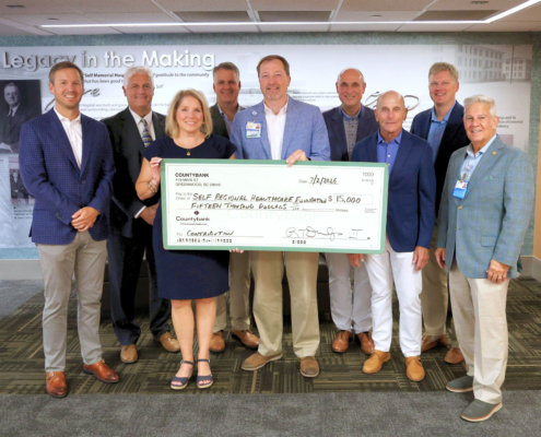Pictured left to right: Countybank President Wells Dunlap, John Cooper, Dayle Mumford, John Wiseman, Self Regional Healthcare President and CEO Matthew Logan, David Tompkins, Countybank CEO Thornwell Dunlap, David Trent, and Self Regional Healthcare Foundation Executive Director Ken Coffey.